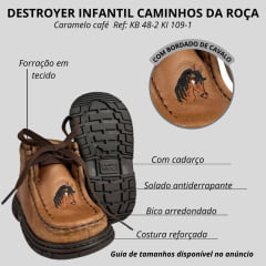 Coturno Destroyer Baby Infantil Caminhos Da Roça Couro Caramelo Café Com Bordado Cavalinho Ref:KB 48-2 KI109-1