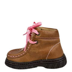 Coturno Destroyer Baby Infantil Caminhos Da Roça Couro Caramelo Rosa Com Bordado Vaquinha Ref:KB 48-KI 119
