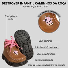 Coturno Destroyer Baby Infantil Caminhos Da Roça Couro Caramelo Rosa Com Bordado Vaquinha Ref:KB 48-KI 119