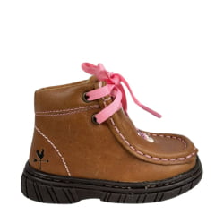 Coturno Destroyer Baby Infantil Caminhos Da Roça Couro Caramelo Rosa Com Bordado Vaquinha Ref:KB 48-KI 119