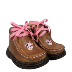 Coturno Destroyer Baby Infantil Caminhos Da Roça Couro Caramelo Rosa Com Bordado Vaquinha Ref:KB 48-KI 119