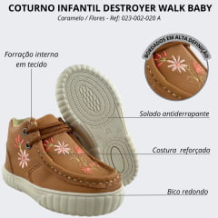 Coturno Destroyer Infantil Walk Baby Couro Caramelo Bordado Flores Salmão Sola Bege Ref: 023-002-020 A