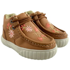 Coturno Destroyer Infantil Walk Baby Couro Caramelo Bordado Flores Salmão Sola Bege Ref: 023-002-020 A