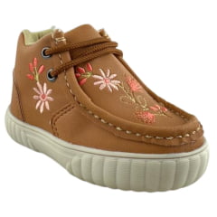 Coturno Destroyer Infantil Walk Baby Couro Caramelo Bordado Flores Salmão Sola Bege Ref: 023-002-020 A