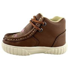Coturno Destroyer Infantil Walk Baby Couro Chocolate Bordado Flores Rosa Solado Bege Ref: 023-002-049 A
