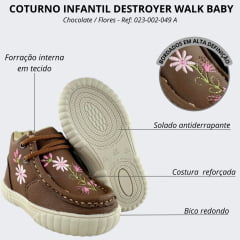 Coturno Destroyer Infantil Walk Baby Couro Chocolate Bordado Flores Rosa Solado Bege Ref: 023-002-049 A