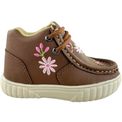 Coturno Destroyer Infantil Walk Baby Couro Chocolate Bordado Flores Rosa Solado Bege Ref: 023-002-049 A