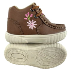 Coturno Destroyer Infantil Walk Baby Couro Chocolate Bordado Flores Rosa Solado Bege Ref: 023-002-049 A