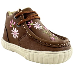 Coturno Destroyer Infantil Walk Baby Couro Chocolate Bordado Flores Rosa Solado Bege Ref: 023-002-049 A