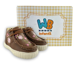 Coturno Destroyer Infantil Walk Baby Couro Chocolate Bordado Flores Rosa Solado Bege Ref: 023-002-049 A