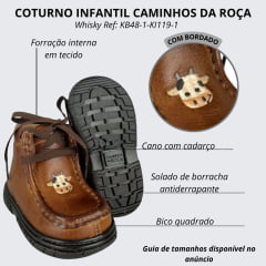 Coturno Destroyer Infantil Caminhos Da Roça Couro Whisky Escuro Café Com Bordado Vaquinha Ref:KB48-1-KI119-1