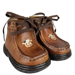 Coturno Destroyer Infantil Caminhos Da Roça Couro Whisky Escuro Café Com Bordado Vaquinha Ref:KB48-1-KI119-1