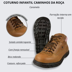 Coturno Infantil Caminhos da Roça Couro Caramelo Com Detalhe Rosa Ref.KJ13