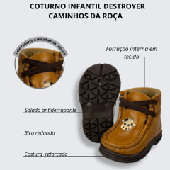 Coturno Infantil Destroyer Bebê Caminhos Da Roça Couro Whisky/Café Com Cadarço Marrom e Bordado Vaquinha Ref:KB48-1