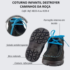 Coturno Infantil Destroyer Caminhos Da Roça Couro Nobuck Café C/ Cadarço Azul Ref: KB33-4 Ou KI39-4