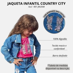 Jaqueta Cropped Infantil Country City Jeans Cecilia Azul Claro Manga Longa Bordado Bota E Cactos Ref: JCI2048
