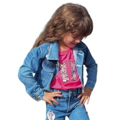 Jaqueta Cropped Infantil Country City Jeans Cecilia Azul Claro Manga Longa Bordado Bota E Cactos Ref: JCI2048