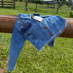 Jaqueta Cropped Infantil Country City Jeans Cecilia Azul Claro Manga Longa Bordado Bota E Cactos Ref: JCI2048
