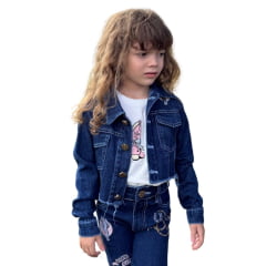 Jaqueta Cropped Infantil Country City Jeans Cecilia Azul Escuro Manga Longa Bordado Bota E Cactos Ref: JCI2048
