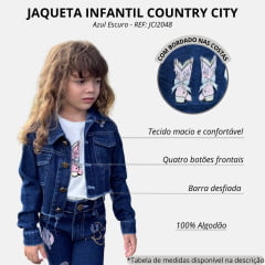 Jaqueta Cropped Infantil Country City Jeans Cecilia Azul Escuro Manga Longa Bordado Bota E Cactos Ref: JCI2048