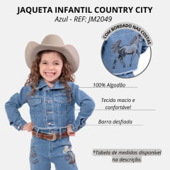 Jaqueta Infantil Country City Jeans Azul Claro Cropped Manga Longa Com Bordado De Bota E Chapéu Brilho Ref:MANU JM2049