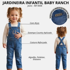 Jardineira Infantil Baby Ranch Jeans Longa Calça Com Aplique Ferradura - REF:9006