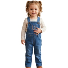 Jardineira Infantil Baby Ranch Jeans Longa Calça Com Aplique Ferradura - REF:9006