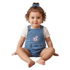 Macacão Jardineira Bebê Baby Ranch Jeans Claro Manga Curta Com Aplique Cavalo Ref:9003