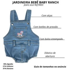 Macacão Jardineira Bebê Baby Ranch Jeans Claro Manga Curta Com Aplique Cavalo Ref:9003