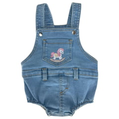 Macacão Jardineira Bebê Baby Ranch Jeans Claro Manga Curta Com Aplique Cavalo Ref:9003