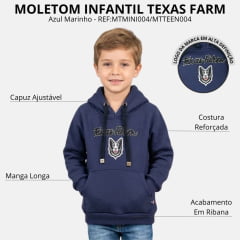 Moletom Infantil Texas Farm Azul Marinho Canguru Com Capuz Estampa Cinza Claro E Preto -REF:MTMINI004/MTTEEN004