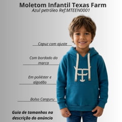 Moletom Infantil Texas Farm Azul Petróleo Com Logo Branco Modelo Canguru Com Capuz Ref:MTEEN0001