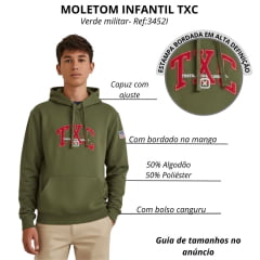 Moletom Infantil TXC Custom Com Capuz Modelo Canguru Verde Militar Bordado Vermelho E Branco REf:3452I