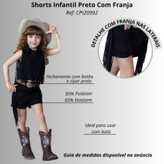 Shorts Princesa Infantil Country City Preto Com Franja Ref:SPI20492