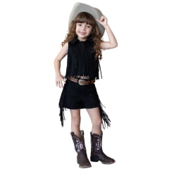 Shorts Princesa Infantil Country City Preto Com Franja Ref:SPI20492