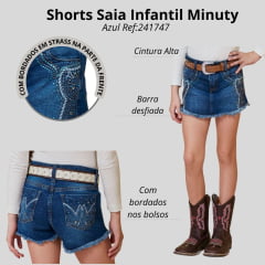 Shorts Saia Infantil Minuty Feminino Jeans Azul Stone Com Bordados Com Brilho Ref:241747