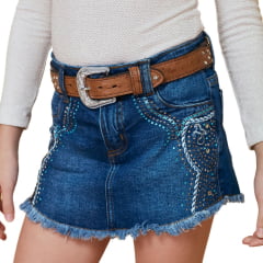 Shorts Saia Infantil Minuty Feminino Jeans Azul Stone Com Bordados Com Brilho Ref:241747