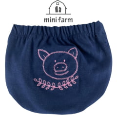 Tapa Fralda Bebê Mini Farm Com Lycra Azul Marinho Com Bordado Porquinho Rosa Ref: MF151