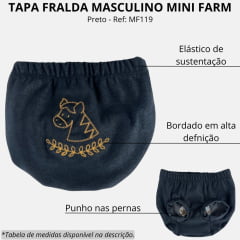 Tapa Fralda Bebê Mini Farm Com Lycra Preto Com Bordado De Cavalo Dourado Ref: MF119