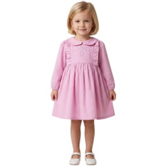 Vestido Baby Ranch Manga Longa Xadrez Rosa E Branco Com Bordado Brilho - REF:501