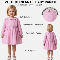 Vestido Baby Ranch Manga Longa Xadrez Rosa E Branco Com Bordado Brilho - REF:501