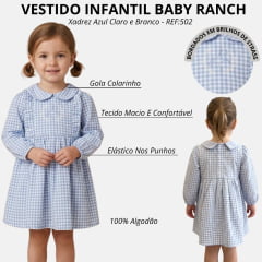 Vestido Infantil Baby Ranch Manga Longa Xadrez Azul Claro E Branco Com Bordado Brilho - REF:502