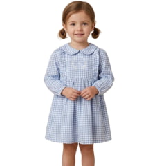 Vestido Infantil Baby Ranch Manga Longa Xadrez Azul Claro E Branco Com Bordado Brilho - REF:502