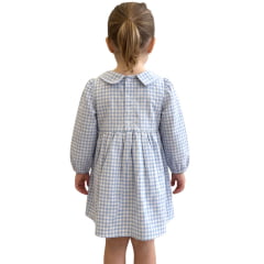 Vestido Infantil Baby Ranch Manga Longa Xadrez Azul Claro E Branco Com Bordado Brilho - REF:502