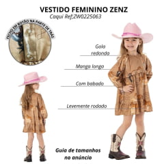 Vestido Infantil Baby Zenz Kids Sunny Trail Manga Longa Caqui Estampa De Cavalos Com Babados E Botões Ref:1516-ZW0225063