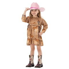 Vestido Infantil Baby Zenz Kids Sunny Trail Manga Longa Caqui Estampa De Cavalos Com Babados E Botões Ref:1516-ZW0225063