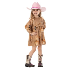 Vestido Infantil Baby Zenz Kids Sunny Trail Manga Longa Caqui Estampa De Cavalos Com Babados E Botões Ref:1516-ZW0225063