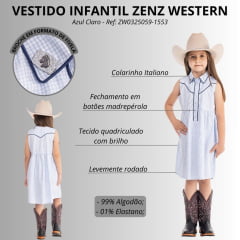 Vestido Infantil Zenz Western Kids Little Farm S/ Manga Xadrez Com Brilho Azul Claro Pingente Ref:ZW0325059-1553