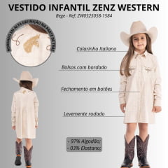 Vestido Infantil Zenz Western Kids Sweet Corn Manga Longa Xadrez Bege Bordado Ref:ZW0325058-1584