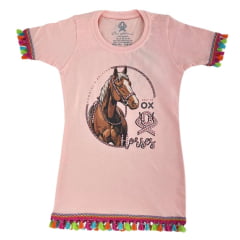 Vestido Infantil Ox Horns Manga Curta Rosa Com Franjinhas Coloridas Estampa De Cavalo Ref:5316